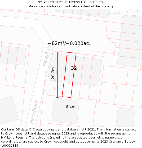 32, PERRYFIELDS, BURGESS HILL, RH15 8TU: Plot and title map