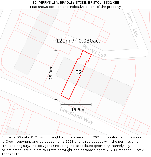 32, PERRYS LEA, BRADLEY STOKE, BRISTOL, BS32 0EE: Plot and title map