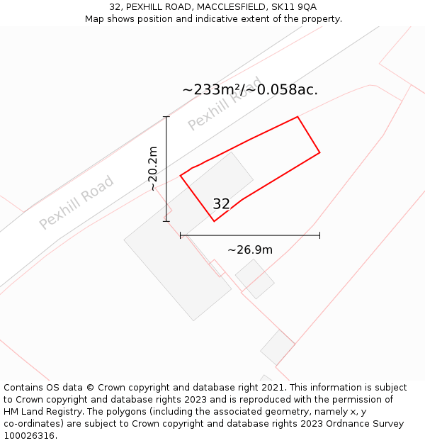 32, PEXHILL ROAD, MACCLESFIELD, SK11 9QA: Plot and title map