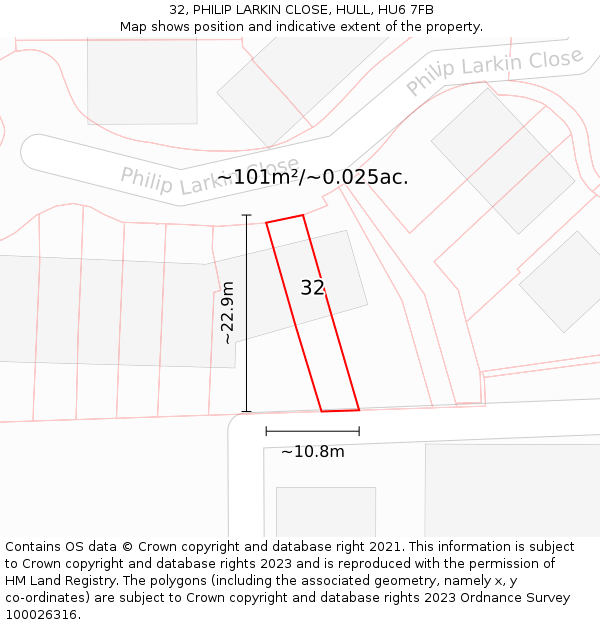 32, PHILIP LARKIN CLOSE, HULL, HU6 7FB: Plot and title map