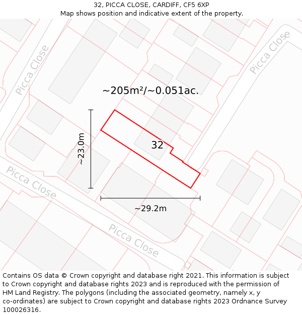 32, PICCA CLOSE, CARDIFF, CF5 6XP: Plot and title map