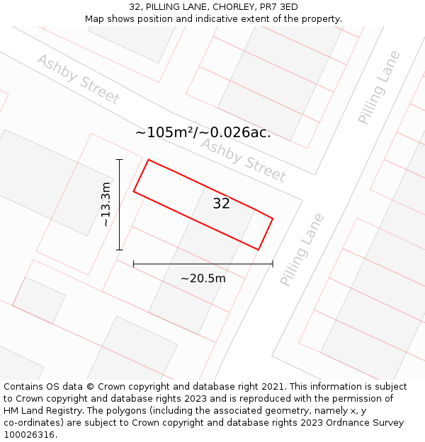 32, PILLING LANE, CHORLEY, PR7 3ED: Plot and title map
