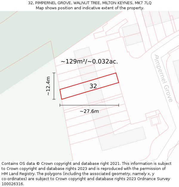 32, PIMPERNEL GROVE, WALNUT TREE, MILTON KEYNES, MK7 7LQ: Plot and title map