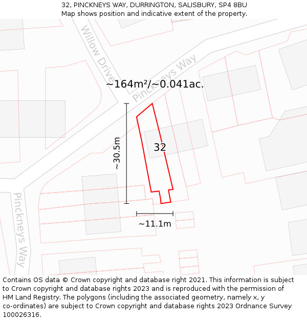 32, PINCKNEYS WAY, DURRINGTON, SALISBURY, SP4 8BU: Plot and title map