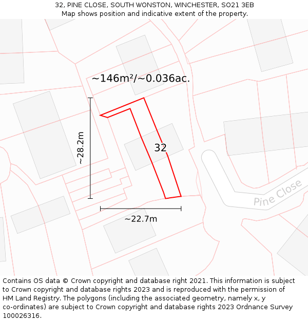 32, PINE CLOSE, SOUTH WONSTON, WINCHESTER, SO21 3EB: Plot and title map