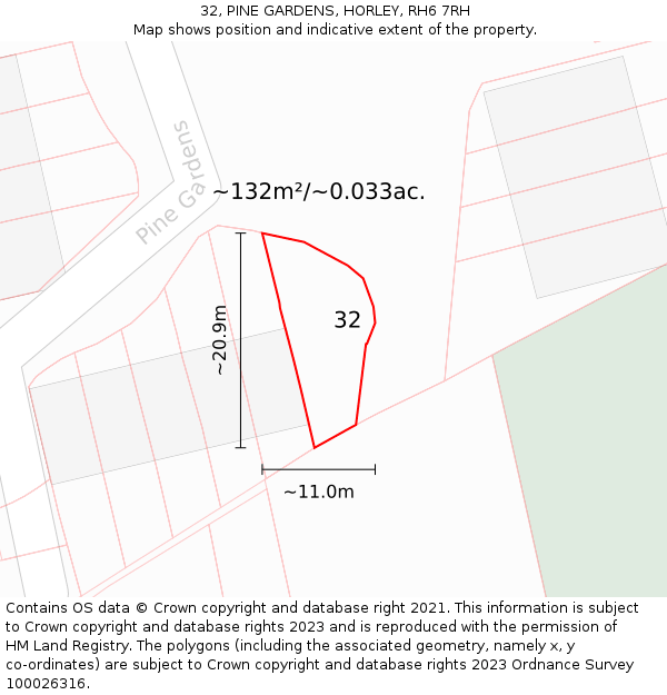 32, PINE GARDENS, HORLEY, RH6 7RH: Plot and title map