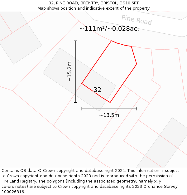 32, PINE ROAD, BRENTRY, BRISTOL, BS10 6RT: Plot and title map
