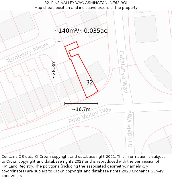 32, PINE VALLEY WAY, ASHINGTON, NE63 9GL: Plot and title map