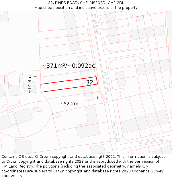 32, PINES ROAD, CHELMSFORD, CM1 2DL: Plot and title map