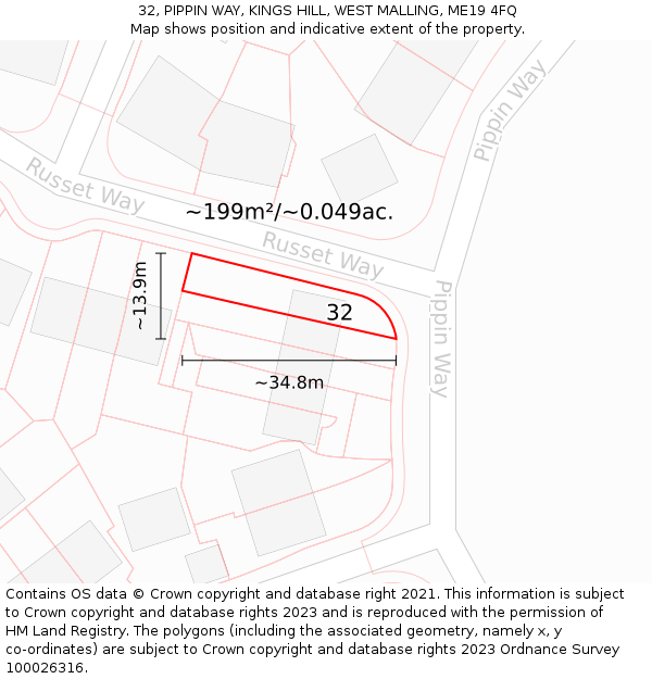32, PIPPIN WAY, KINGS HILL, WEST MALLING, ME19 4FQ: Plot and title map