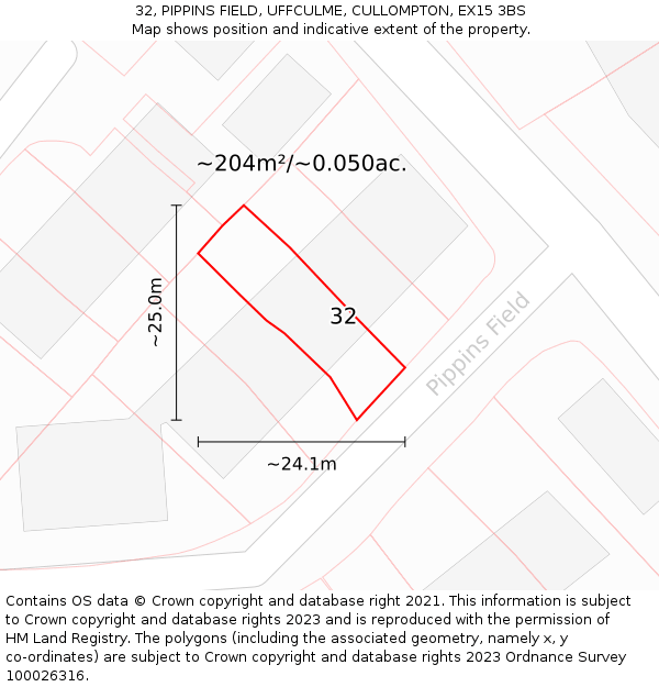 32, PIPPINS FIELD, UFFCULME, CULLOMPTON, EX15 3BS: Plot and title map