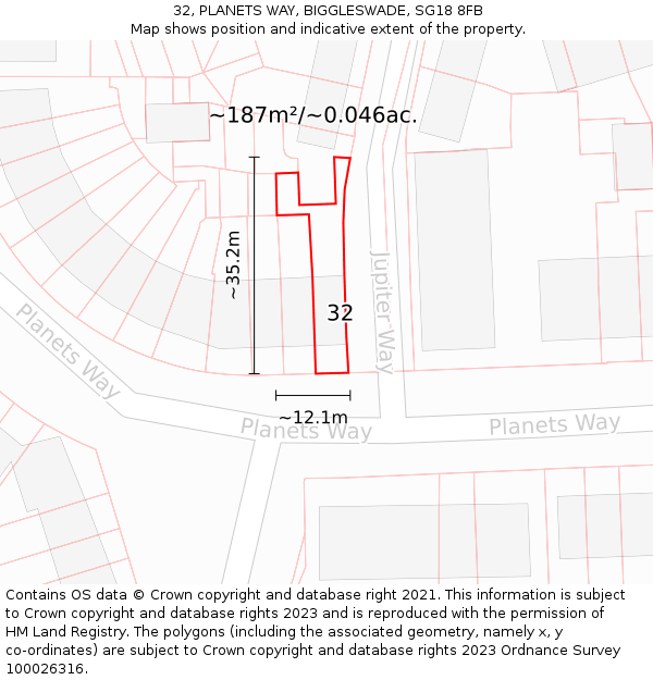 32, PLANETS WAY, BIGGLESWADE, SG18 8FB: Plot and title map