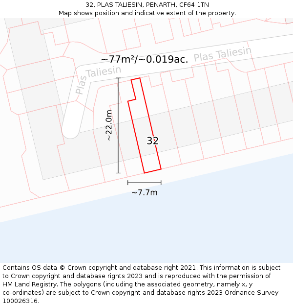 32, PLAS TALIESIN, PENARTH, CF64 1TN: Plot and title map