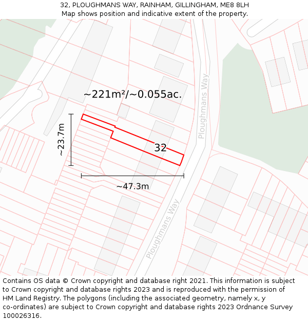 32, PLOUGHMANS WAY, RAINHAM, GILLINGHAM, ME8 8LH: Plot and title map
