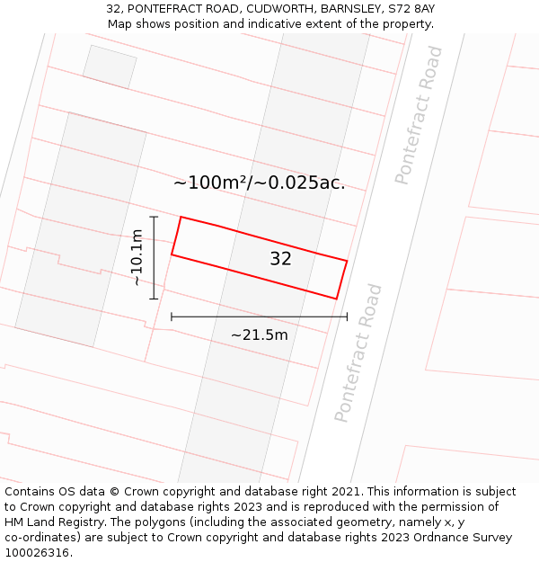 32, PONTEFRACT ROAD, CUDWORTH, BARNSLEY, S72 8AY: Plot and title map