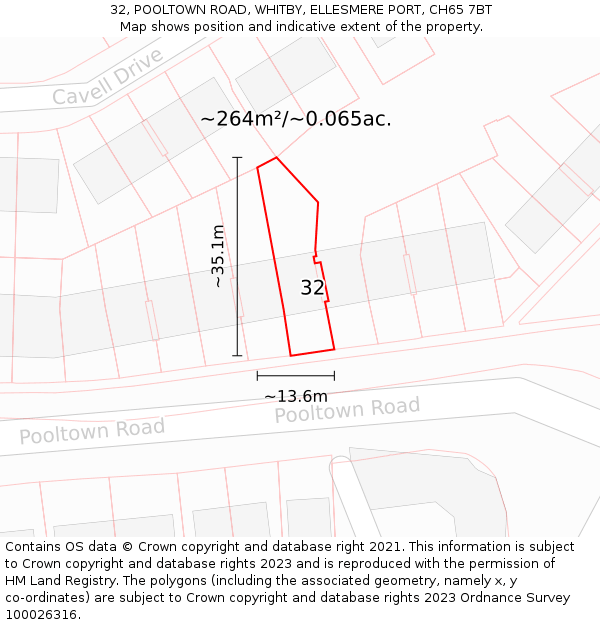 32, POOLTOWN ROAD, WHITBY, ELLESMERE PORT, CH65 7BT: Plot and title map