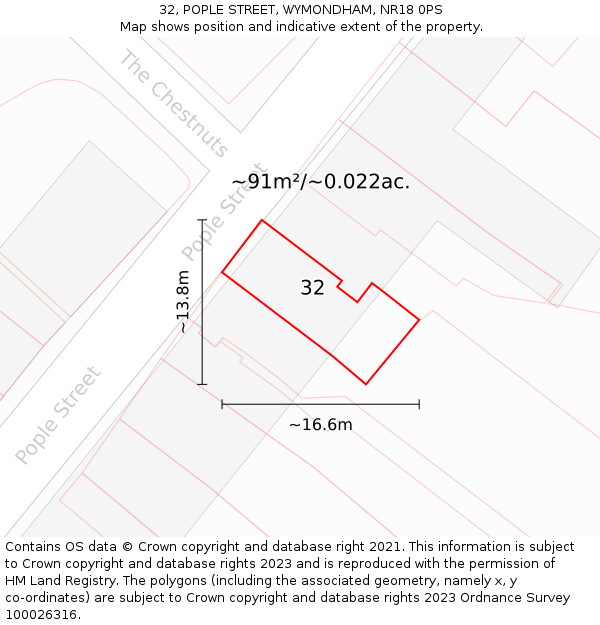 32, POPLE STREET, WYMONDHAM, NR18 0PS: Plot and title map