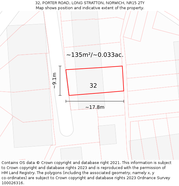 32, PORTER ROAD, LONG STRATTON, NORWICH, NR15 2TY: Plot and title map