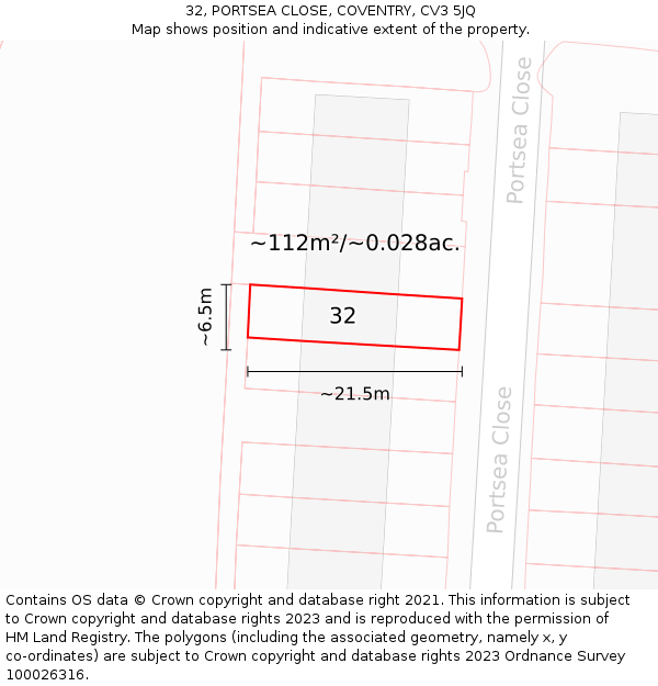 32, PORTSEA CLOSE, COVENTRY, CV3 5JQ: Plot and title map