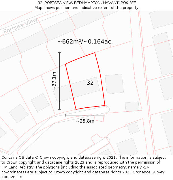 32, PORTSEA VIEW, BEDHAMPTON, HAVANT, PO9 3FE: Plot and title map