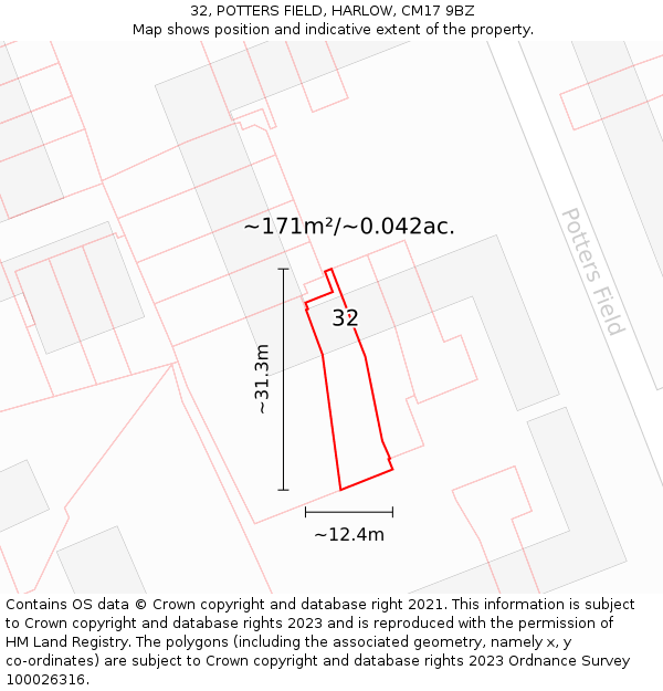 32, POTTERS FIELD, HARLOW, CM17 9BZ: Plot and title map