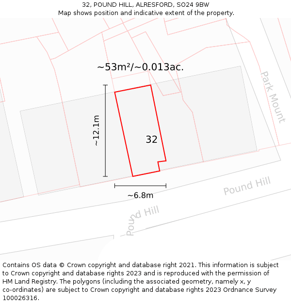 32, POUND HILL, ALRESFORD, SO24 9BW: Plot and title map
