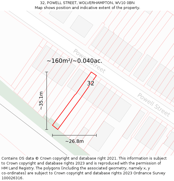 32, POWELL STREET, WOLVERHAMPTON, WV10 0BN: Plot and title map