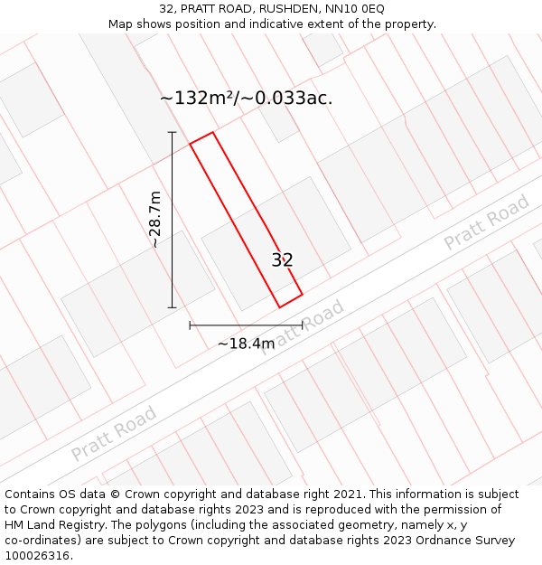 32, PRATT ROAD, RUSHDEN, NN10 0EQ: Plot and title map