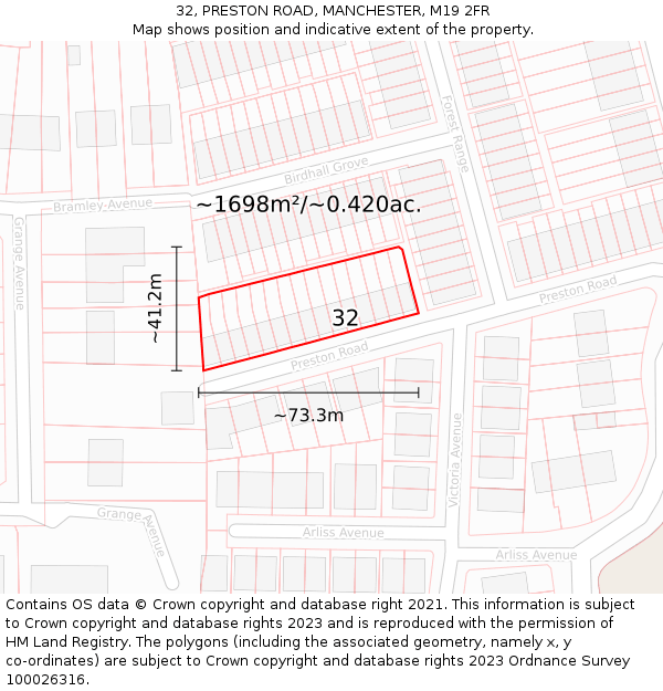 32, PRESTON ROAD, MANCHESTER, M19 2FR: Plot and title map