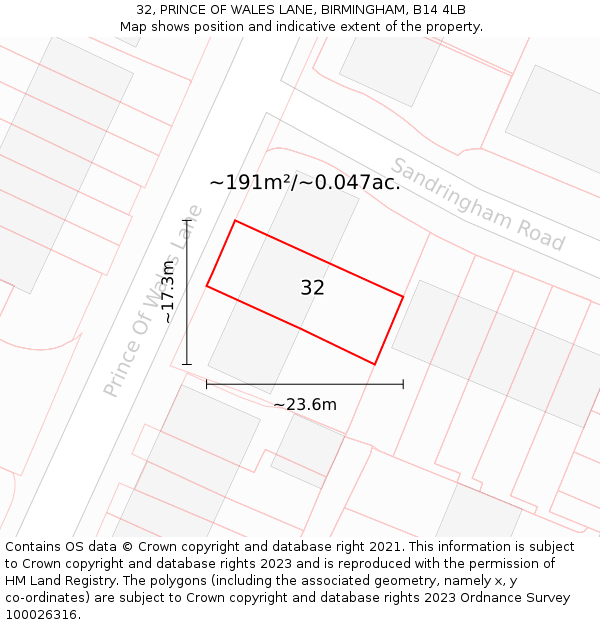 32, PRINCE OF WALES LANE, BIRMINGHAM, B14 4LB: Plot and title map