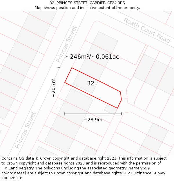 32, PRINCES STREET, CARDIFF, CF24 3PS: Plot and title map