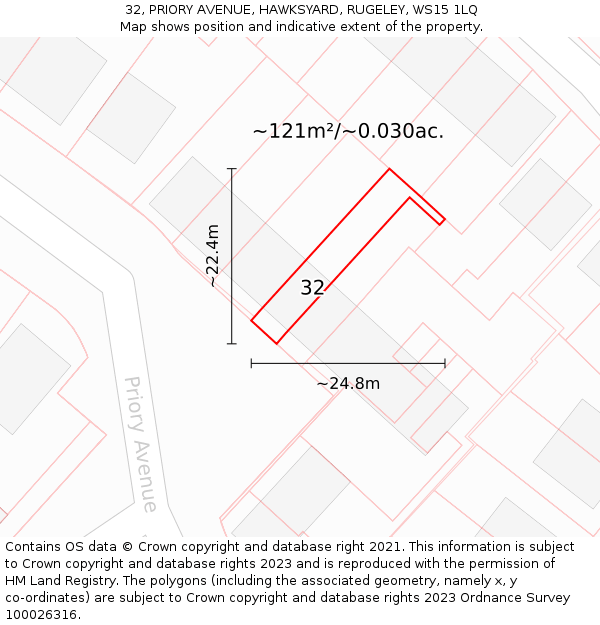 32, PRIORY AVENUE, HAWKSYARD, RUGELEY, WS15 1LQ: Plot and title map