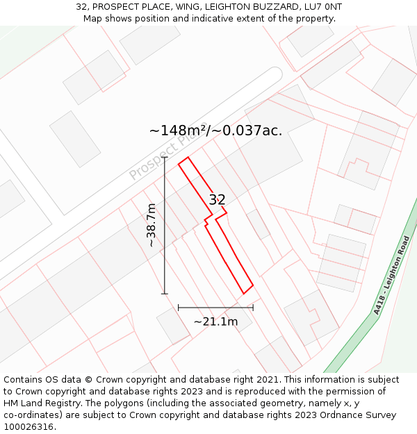 32, PROSPECT PLACE, WING, LEIGHTON BUZZARD, LU7 0NT: Plot and title map