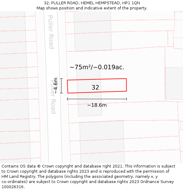 32, PULLER ROAD, HEMEL HEMPSTEAD, HP1 1QN: Plot and title map