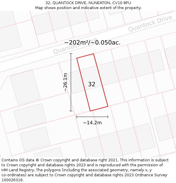 32, QUANTOCK DRIVE, NUNEATON, CV10 8PU: Plot and title map