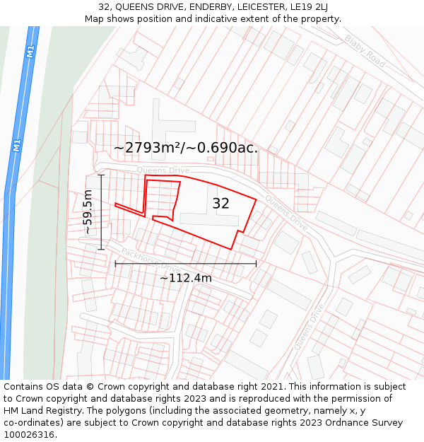 32, QUEENS DRIVE, ENDERBY, LEICESTER, LE19 2LJ: Plot and title map
