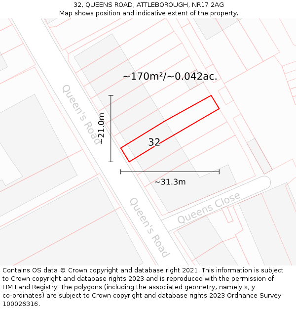 32, QUEENS ROAD, ATTLEBOROUGH, NR17 2AG: Plot and title map