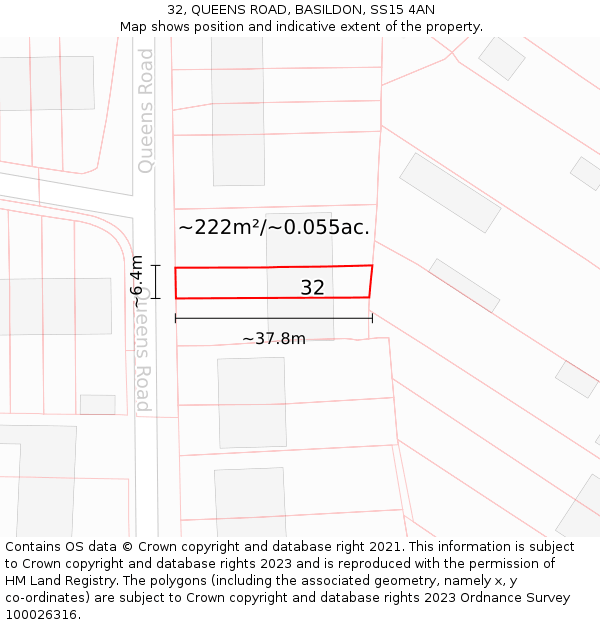 32, QUEENS ROAD, BASILDON, SS15 4AN: Plot and title map