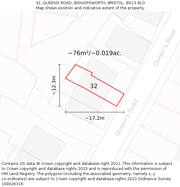 32, QUEENS ROAD, BISHOPSWORTH, BRISTOL, BS13 8LG: Plot and title map