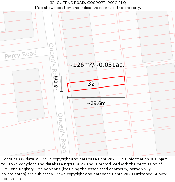 32, QUEENS ROAD, GOSPORT, PO12 1LQ: Plot and title map