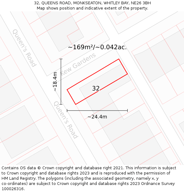 32, QUEENS ROAD, MONKSEATON, WHITLEY BAY, NE26 3BH: Plot and title map
