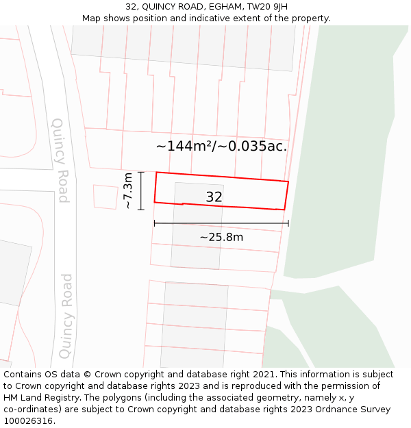 32, QUINCY ROAD, EGHAM, TW20 9JH: Plot and title map