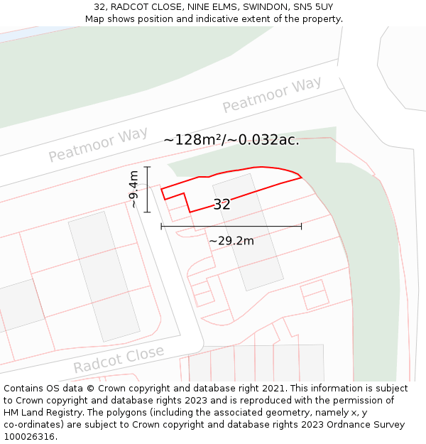 32, RADCOT CLOSE, NINE ELMS, SWINDON, SN5 5UY: Plot and title map