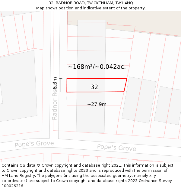 32, RADNOR ROAD, TWICKENHAM, TW1 4NQ: Plot and title map