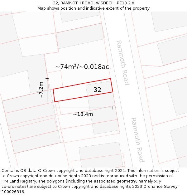 32, RAMNOTH ROAD, WISBECH, PE13 2JA: Plot and title map