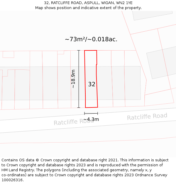 32, RATCLIFFE ROAD, ASPULL, WIGAN, WN2 1YE: Plot and title map
