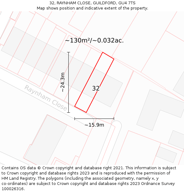 32, RAYNHAM CLOSE, GUILDFORD, GU4 7TS: Plot and title map