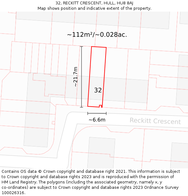32, RECKITT CRESCENT, HULL, HU8 8AJ: Plot and title map