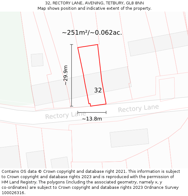 32, RECTORY LANE, AVENING, TETBURY, GL8 8NN: Plot and title map