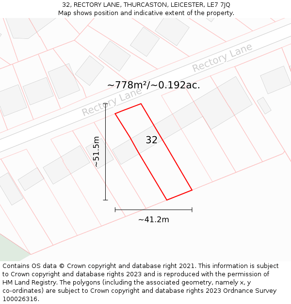 32, RECTORY LANE, THURCASTON, LEICESTER, LE7 7JQ: Plot and title map